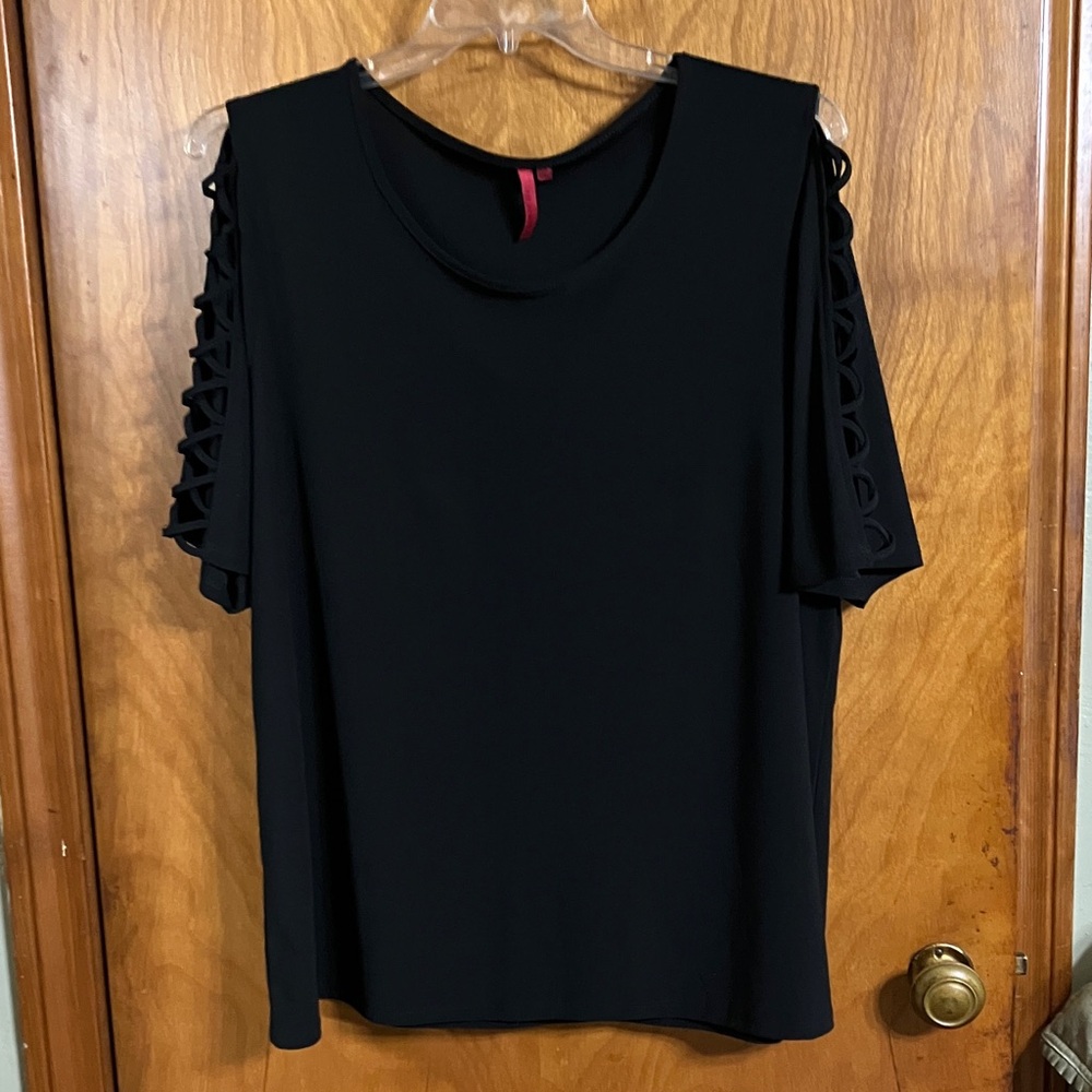 Scarlett Black Cold-Shoulder Top with Lattice Sleeve Detail
